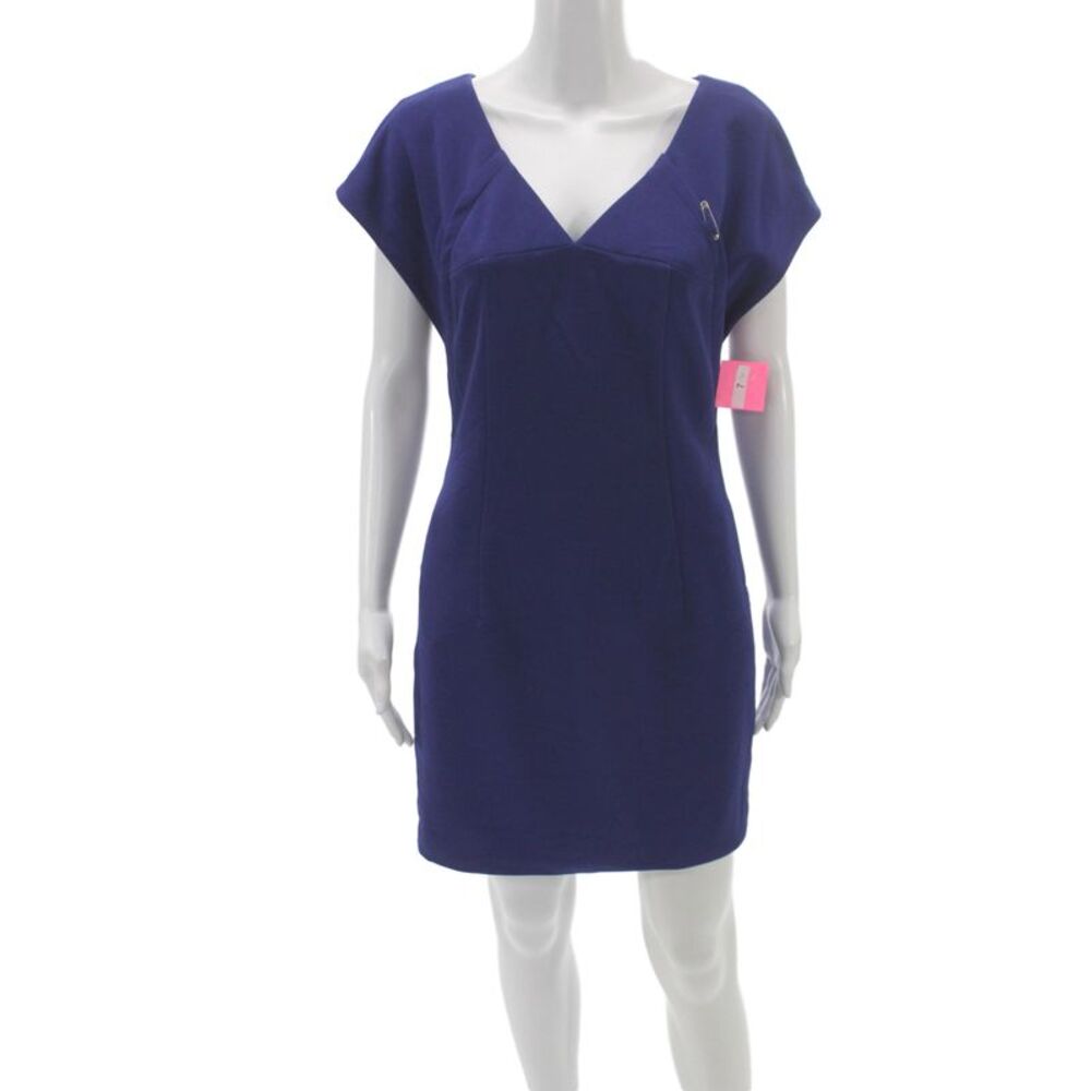Designer Women Sheath Dress Purple V-Neck Short-Sleeve Polyester Zip Size 4
